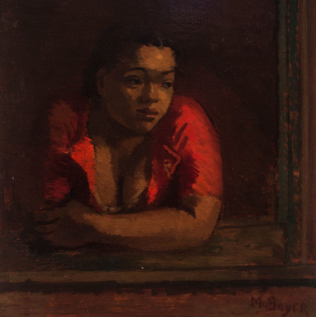 MOSES SOYER (1899-1974) OIL ON ARTIST'S BOARD: Titled 'Girl at Window' verso, signed lower right and again verso, artist's board measures 16.5 x 16.5, frame measures 21.5 x 21.5 inches. We ship in-house for all items with the exception of very lar
