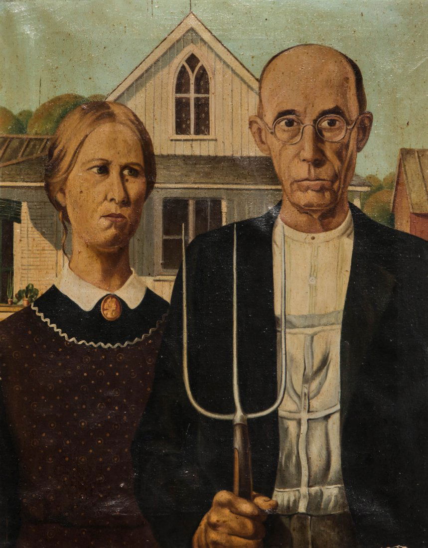 AFTER GRANT WOOD (1891-1942) 'AMERICAN GOTHIC' O/C (1 of 8)
