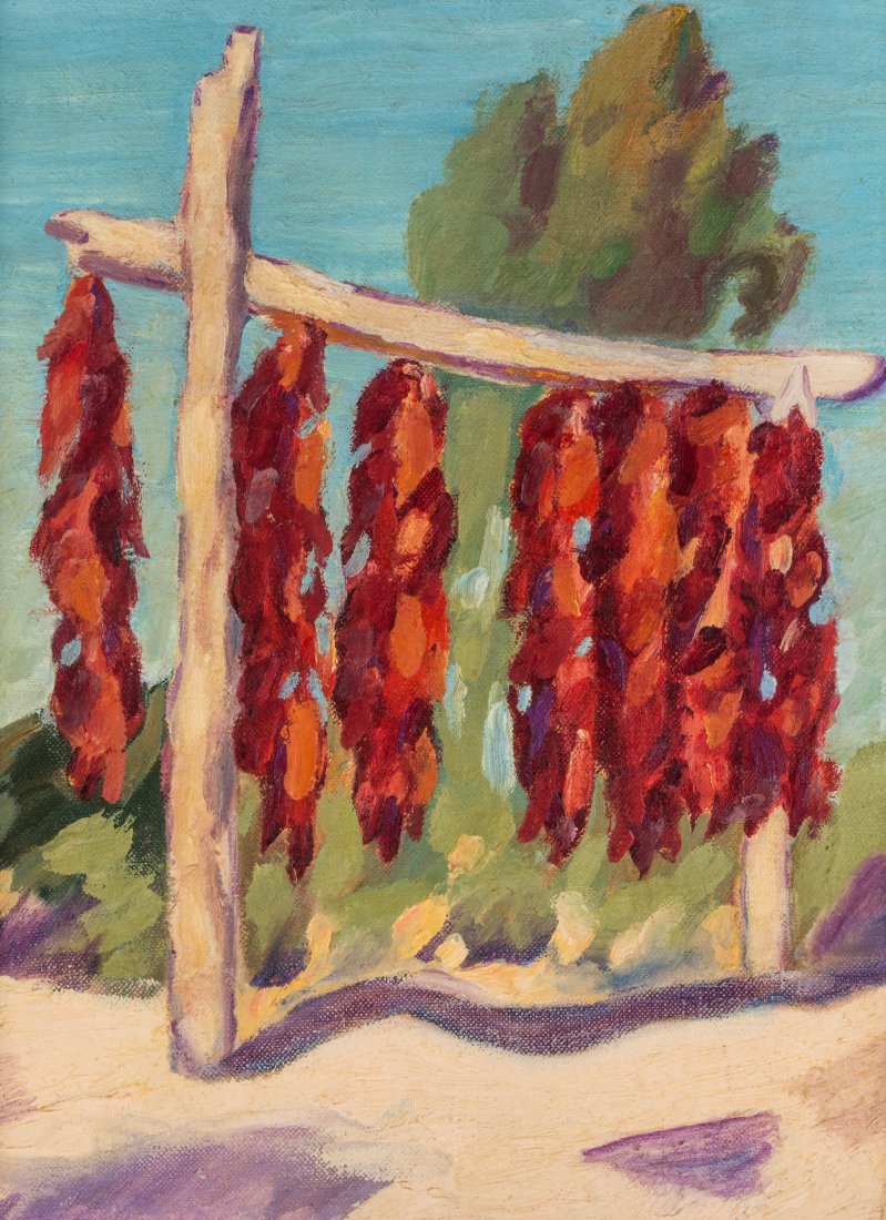 HALPIN GILBERT (1882-1973) 1938 SANTA FE OIL CANVAS: Halpin Gilbert was an artist, composer and author who studied painting under the important Ukrainian-American artist Alexander Archipenko. This work signed lower right and again verso, titled illegibl