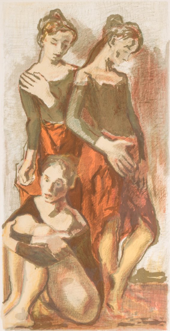 MOSES SOYER (1899-1974) PENCIL SIGNED COLOR LITHOGRAPH: Titled 'Three Dancers', an artist's proof circa 1965, signed lower right, artist's proof edition designated lower left, image measures 21 x 10.5, frame measures 28.75 x 17.75 inches. We ship in-house