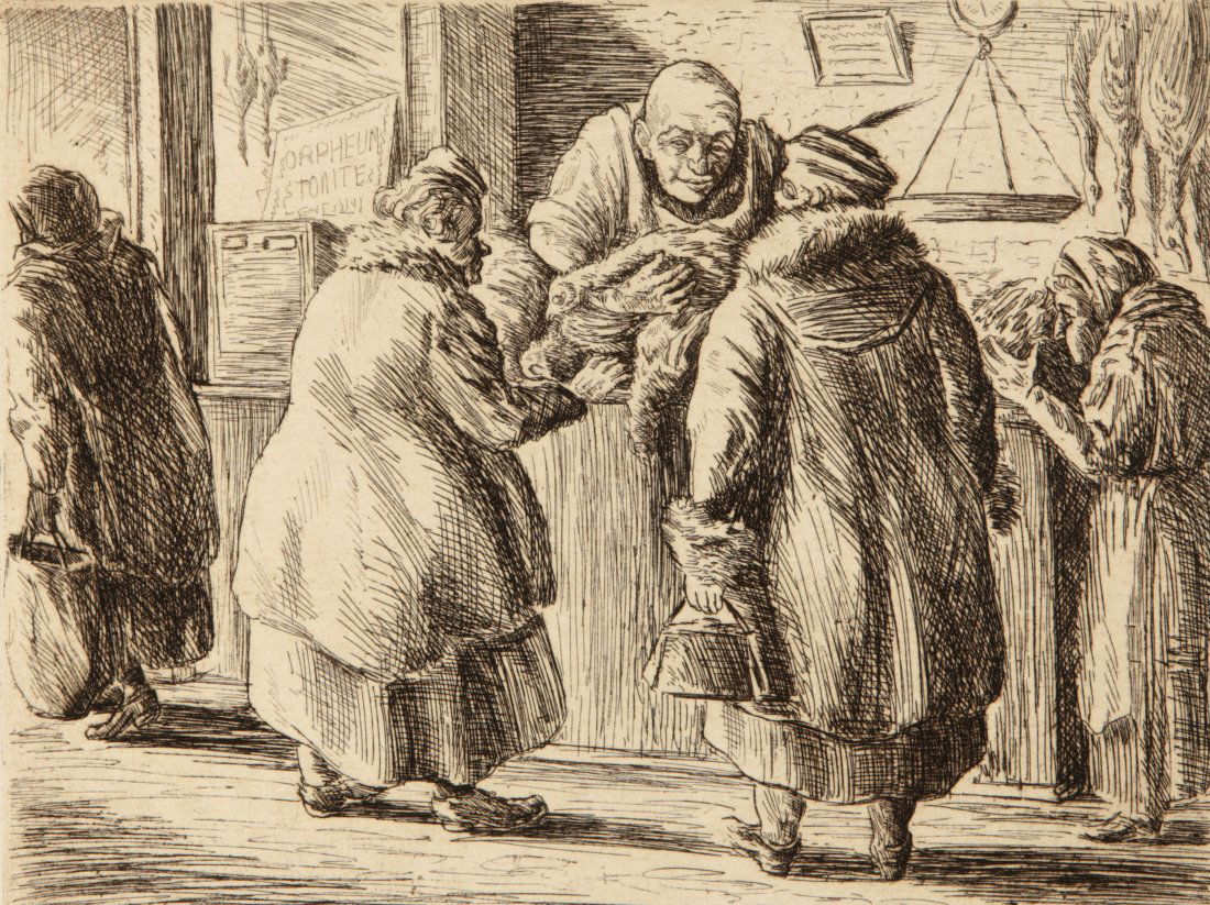 ISAAC FRIEDLANDER (1890-1968) PENCIL SIGNED ETCHING: Titled 'Chicken Market lower left, edition 13/25 lower center, signed lower right and dated 1939. Plate size is 8 x 10.5 inches. Sheet size is 11.5 x 15 inches, frame size is 16.5 x 18.25 inches. We s