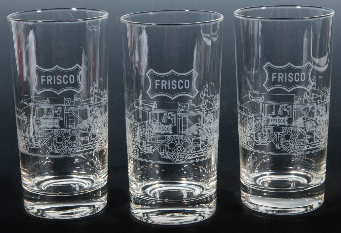 THREE FRISCO RAILROAD ETCHED GLASSES: Measure 5.75 x 3.75 inches each.