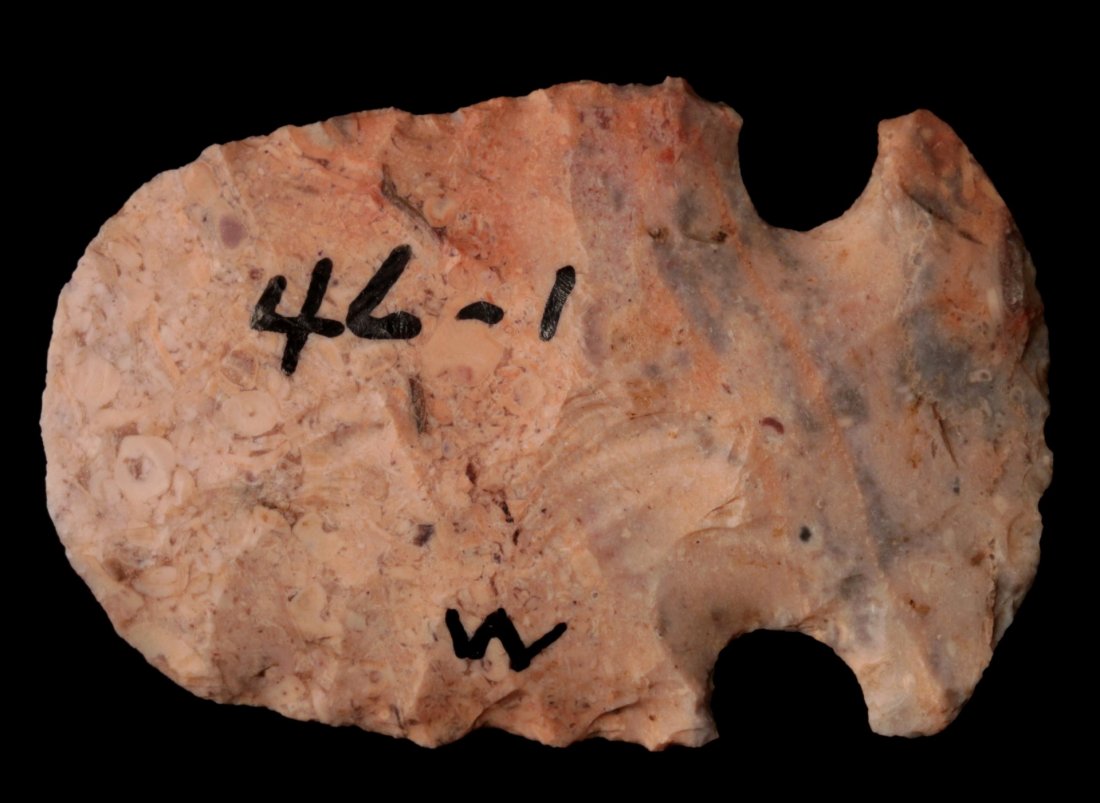 A 2-INCH SNYDER HAFTED SCRAPER: Woodland culture. Measures 2 x 1.25 inches. George Nichols collection. Nichols' notes regarding site 46-1 read as follows, "Miller site-Lamine River. True Hopewell village at confluence of Lamine R an