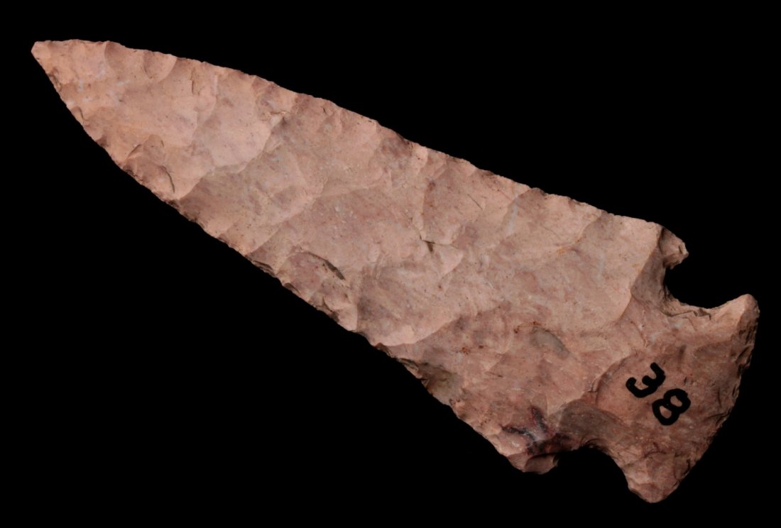 A 3.5-INCH GIBSON: Woodland culture. Measures 3.5 x 1.25 inches. George Nichols collection. Nichols' notes regarding site 38 read as follows, “Roth field above Imhoff site.” Imhoff Site 23CP7 is classified as "...a 