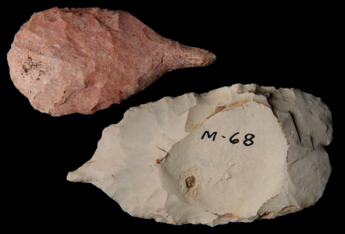 DRILL AND GRAVER: Woodland to Mississippian culture. Measure 3.25 x 1.75 inches and 2.75 x 1.5 inches. George Nichols collection. Nichols' notes regarding site M-68 read as follows: "Loutre River area. 4 miles N. of I-