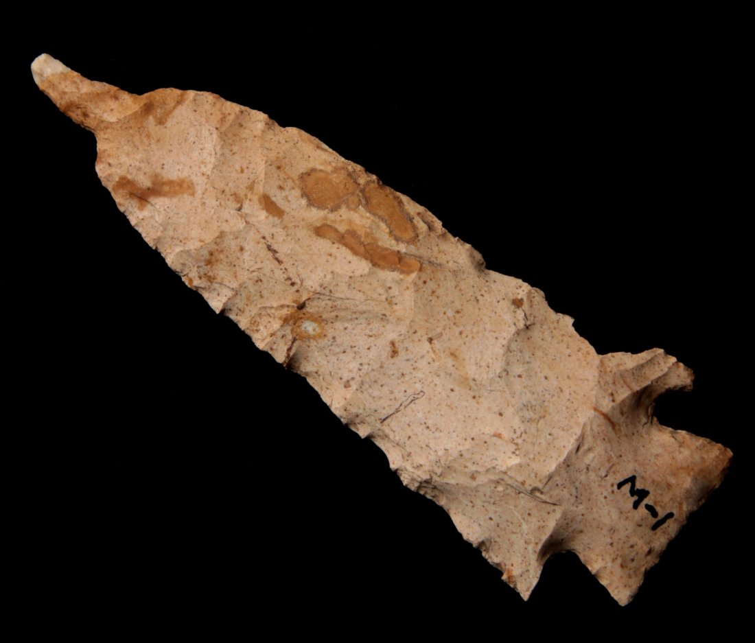 A 4.75-INCH ETLEY DRILL: Measures 4.75 x 1.75 inches. George Nichols collection. Nichols' notes regarding site M-1 read as follows: "Wilton site. Located in field on bluff 3/4 mile north of Wilton, Mo." Guaranteed Authentic. 