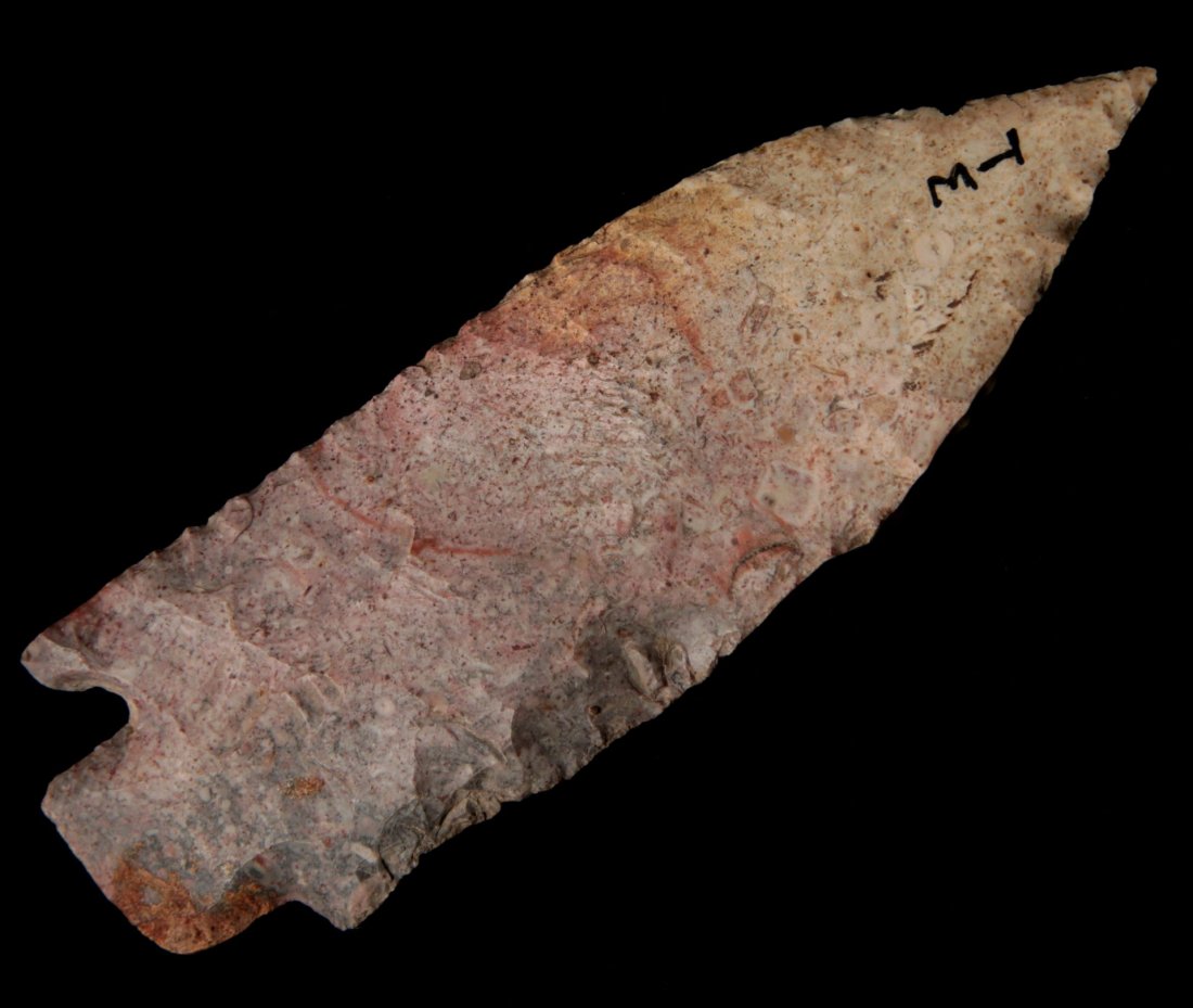 A 4.75-INCH ETLEY: Measures 4.75 x 1.5 inches. George Nichols collection. Nichols' notes regarding site M-1 read as follows: "Wilton site. Located in field on bluff 3/4 mile north of Wilton, Mo." Guaranteed Authentic. T