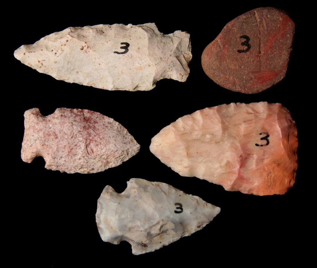 A GROUP OF MISCELLANEOUS ARTIFACTS: Including Hemphill, North, Snyder and other miscellaneous artifacts. Largest measures 3 x 1 inches. George Nichols collection. Nichols' notes regarding site 3 read as follows: "Cunningham site. Locate
