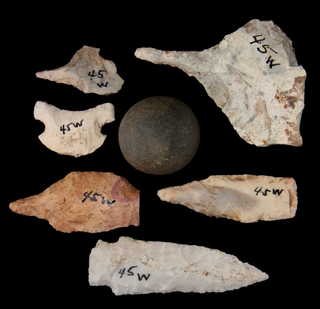 A GROUP OF DRILLS, POINTS, SCRAPERS, GAME BALL (1 of 9)