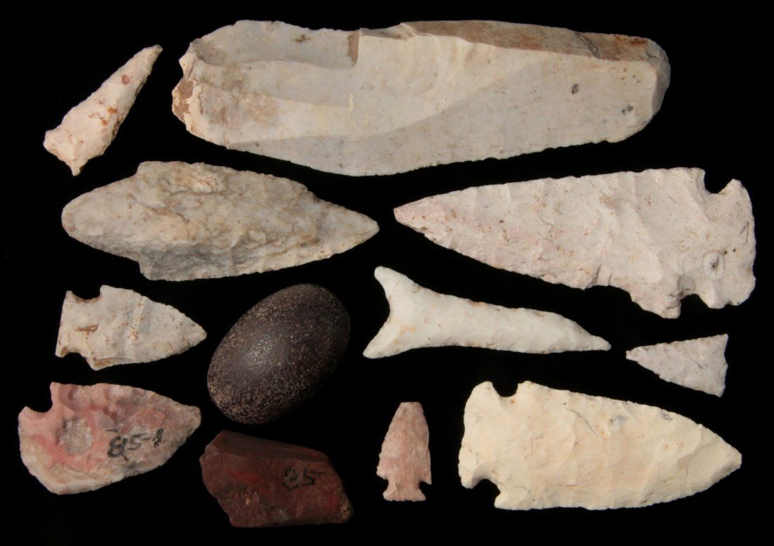 A COLLECTION OF MISCELLANEOUS D370BLADES: Including Dalton drill, Adena, Madison, Gibson, Loaf stone and other miscellaneous blades. Largest measures 5 x 1.5 inches, smallest 1 inch. George Nichols collection. Nichols' notes regarding site 85