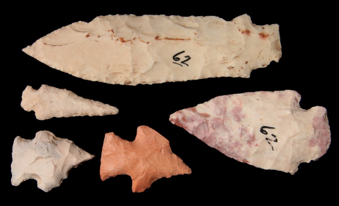FIVE MISCELLANEOUS BLADES: Including a larger Etley, Hopewell and miscellaneous blade. Largest measures 4.75 x 1.25 inches. George Nichols collection. Nichols' notes regarding site 62 read as follows: "Loutre River area. 4 mile