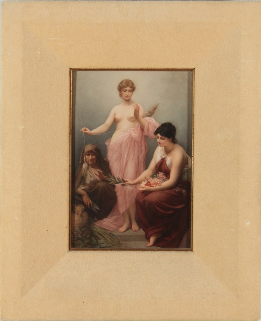 A FINE KPM PLAQUE 'THE THREE FATES', AFTER THUMANN: A finely painted scene of the partially draped Clotho standing in the center measuring the thread of life from a spindle, Lachesis seated to her left holds a loose bouquet of flowers and the elder Atr