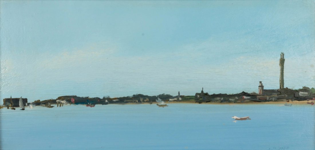 ANNE PACKARD (B. 1933) PROVINCETOWN OIL ON BOARD: Titled 'Provincetown Shoreline,' 5.25 x 10 inches, 8 x 13 inch frame. We ship in-house for all items with the exception of very large and or very fragile pieces and some international shipments.
