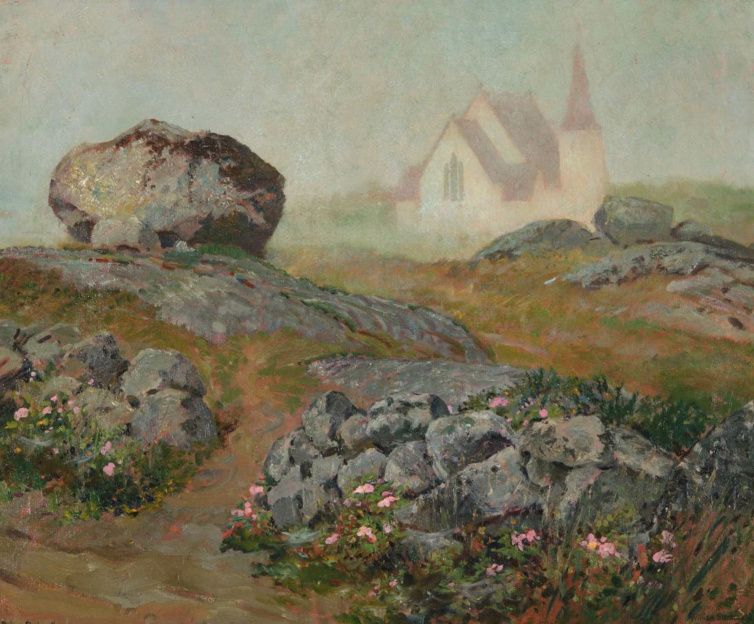 WILLIAM STARKWEATHER (1879-1969) OIL ON CANVAS: Title and notation verso reads 'Misty Morning painted at Peggy's Cove, N.S. Canada 1948 by William Starkweather', signed front lower left and right, the canvas measures 25 x 30 inches and the frame is