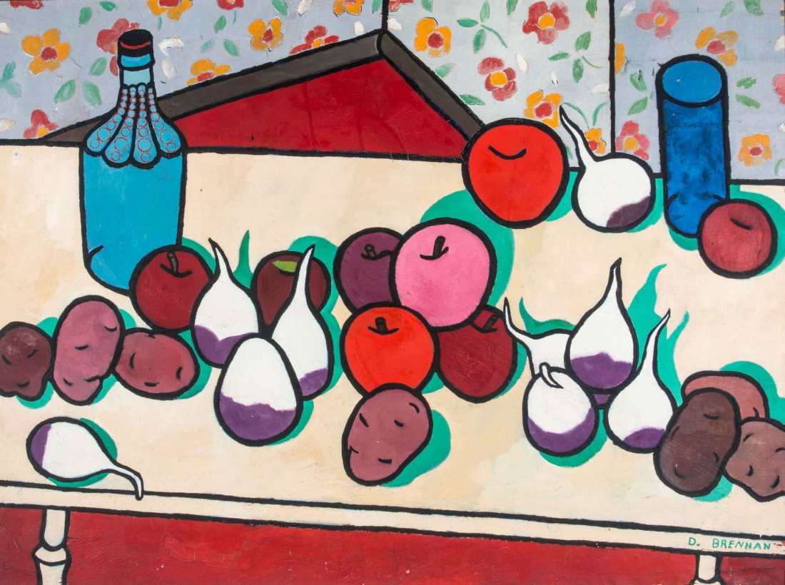 DANIEL BRENNAN (1929-1989) OIL ON CANVAS: Titled 'Still Life with Turnips and Potatos', signed lower right, canvas measures 36 x 48 and the frame is 37 x 49 inches. Provenance: from the personal collection of Sidney and Anne Lawrence who move