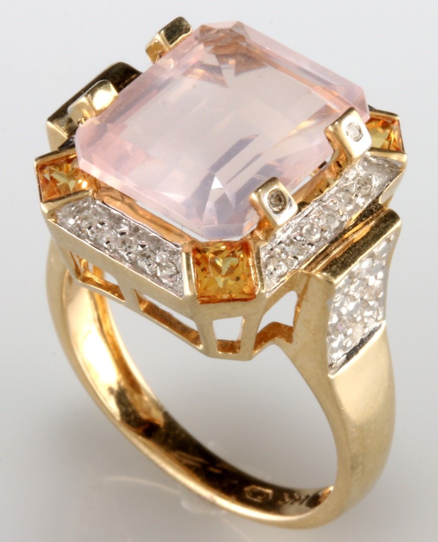 A 14K PINK MORGANITE, DIAMOND TOPAZ FASHION RING: A 12 x 10 mm princess cut pink morganite stone surrounded by diamonds, more diamonds on the shank, with four topaz stones at each corner, marked inside the band for 14k gold, ring size 6.5, weighs 6 g