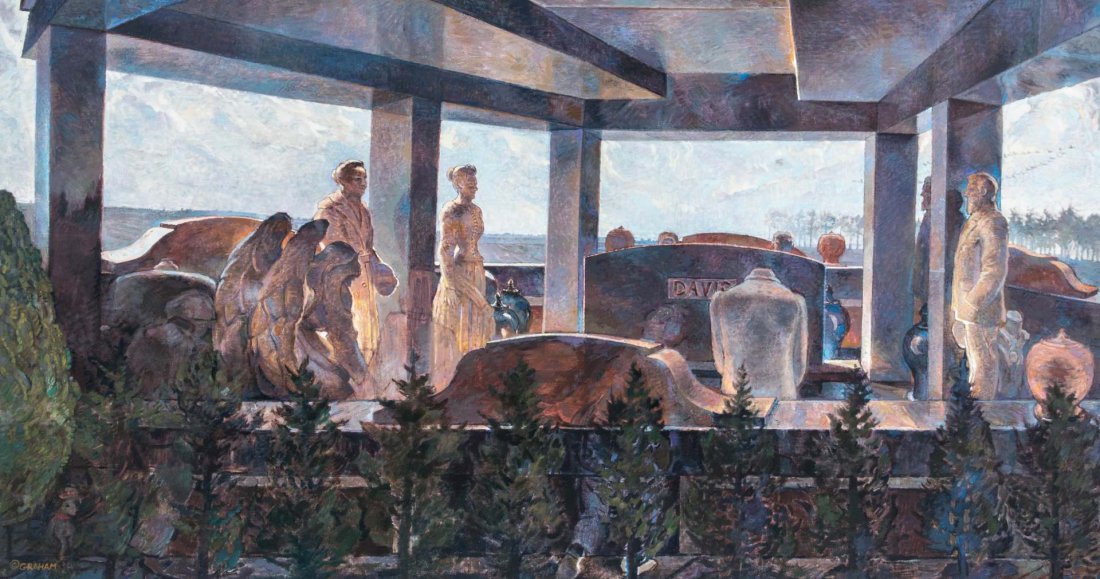 ROBERT McDONALD GRAHAM (1919-2003) ACRYLIC ON CANVAS: Signed lower left, titled 'Fantasia on a Theme = The Davis Memorial at Hiawatha, Kansas' and copyright 1992 verso, signed again verso, no frame. Canvas measures 26 x 48 inches. We ship in-house for al
