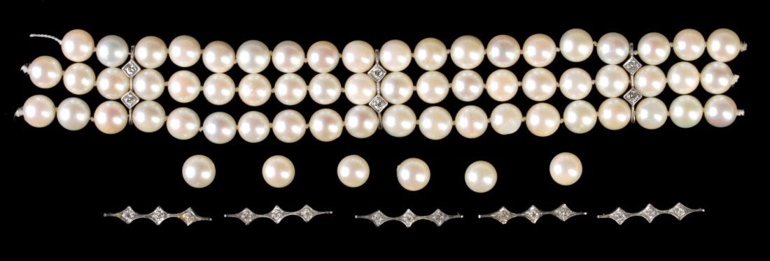 A THREE STRAND PEARL BRACELET IN NEED OF REPAIR: Components as shown: sixty-five 7 mm pearls with three and four strand 14k white gold findings with diamonds approximately .06 carat each, no clasp is present. We ship in-house for all items with the
