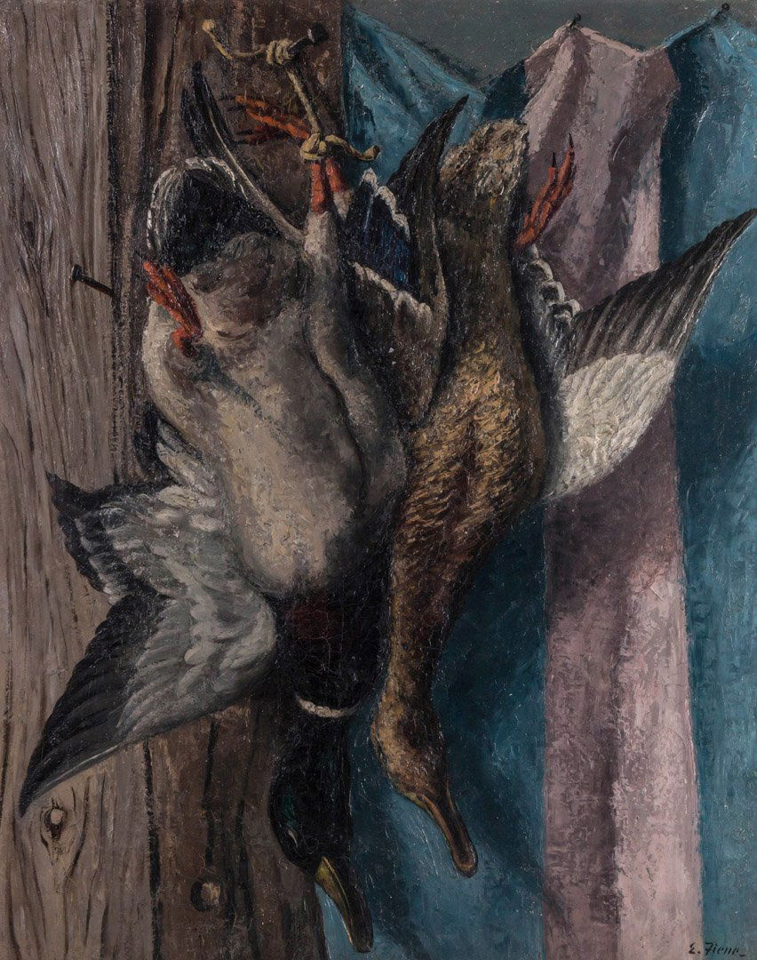 ERNEST FIENE (1894-1965) OIL ON CANVAS: A circa 1940s oil on canvas of hanging game displayed in a nice older frame. Signed lower right, the canvas measures 26 x 21, the frame is 33 x 28 inches. We ship in-house for all items with the excep