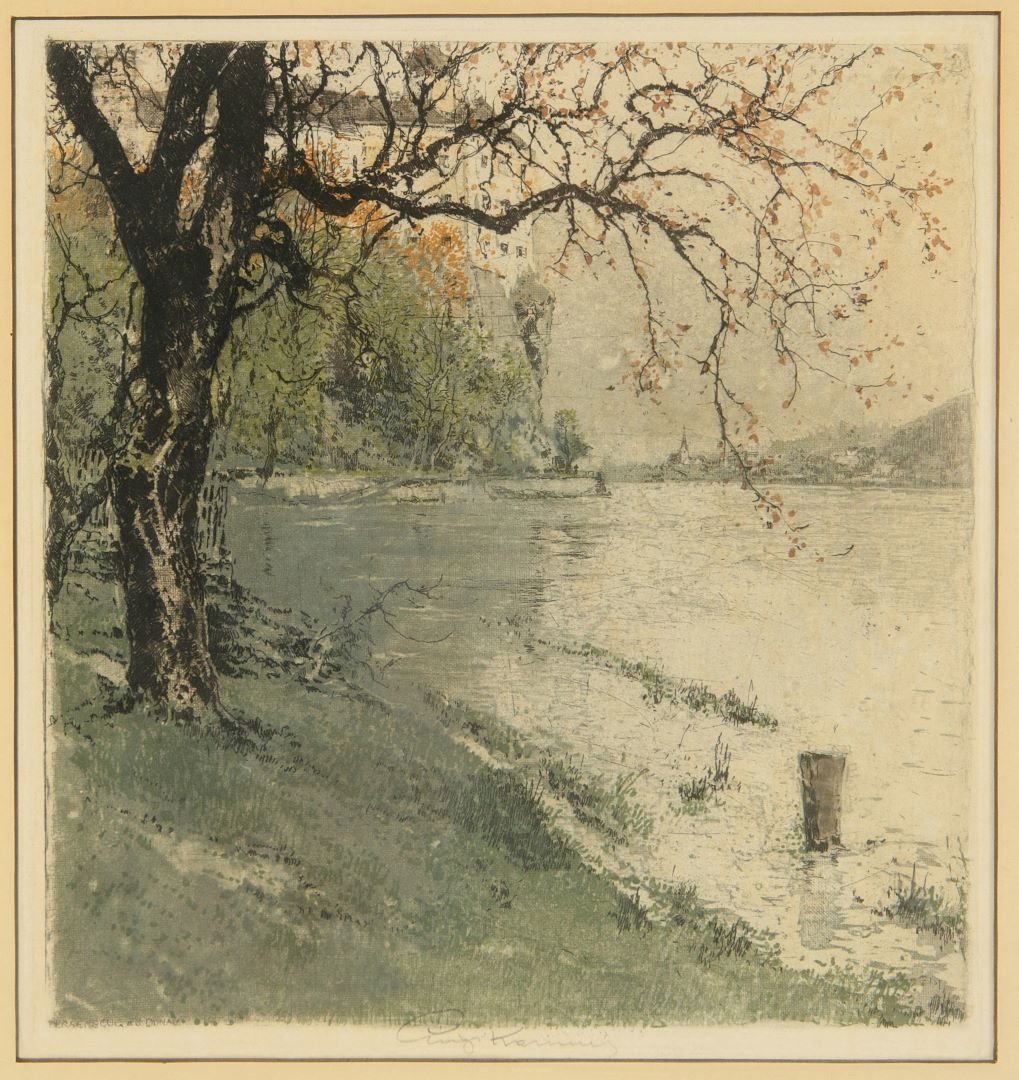 LUIGI KASIMIR (1881-1962) PENCIL SIGNED ETCHINGS: Two good pencil signed etchings with a 10 x 9.25 inch sight size through the frame and a size of 17 x 16 inches. We ship in-house for all items with the exception of very large and or very fragile pie