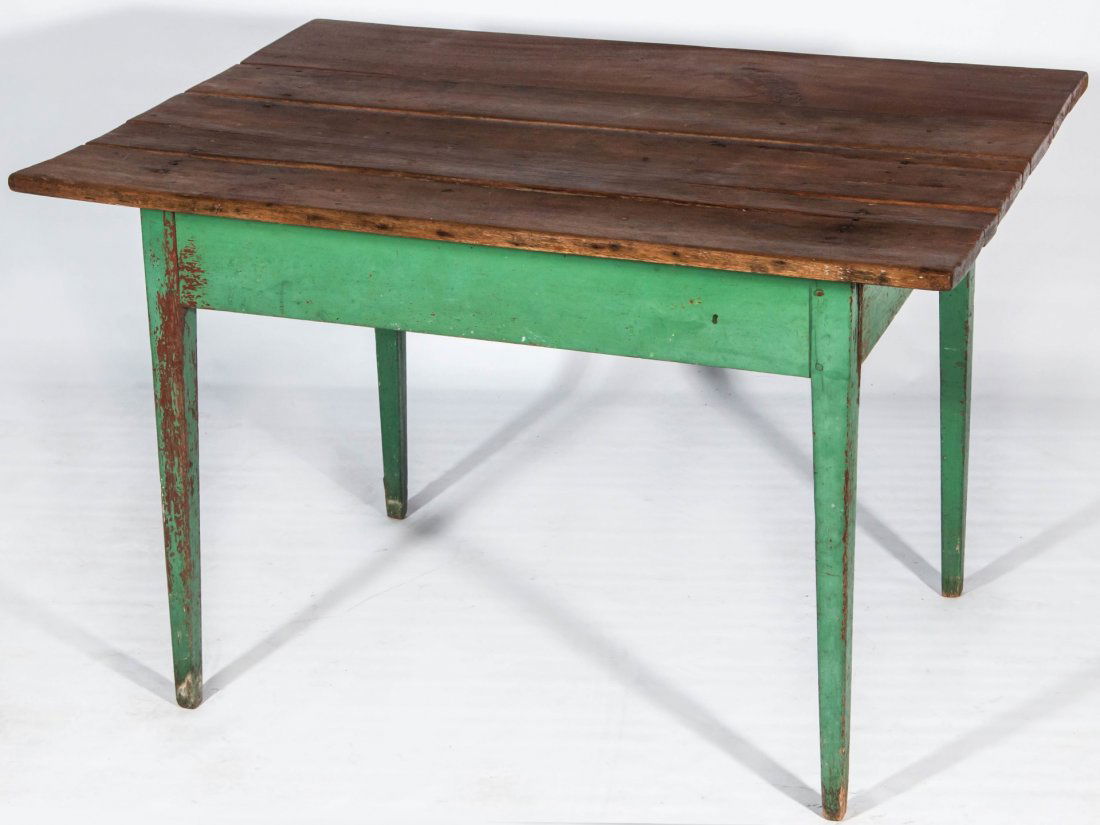 AN EARLY TAPERED LEG SCRUB TOP TABLE W/GREEN PAINT (1 of 7)