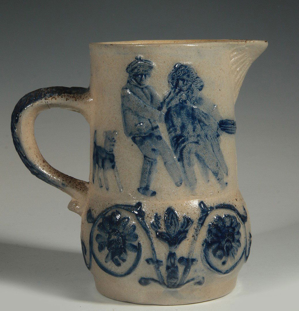 ANTIQUE BLUE & GRAY STONEWARE PITCHER W/ CHILDREN (1 of 9)