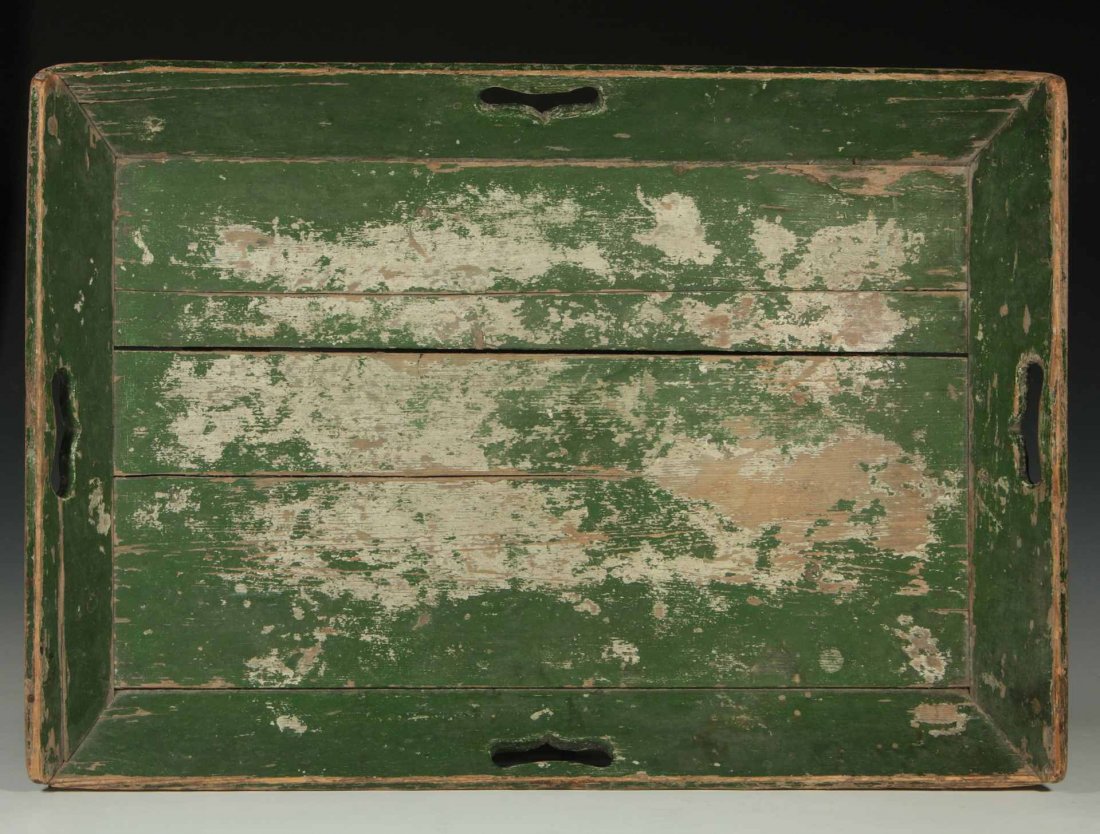 PENNSYLVANIA SPLAY SIDED TRAY IN OLD GREEN PAINT: Splay sided apple tray with old green paint, heart shape cut-out handles, measures 3 x 26 x 18 inches.