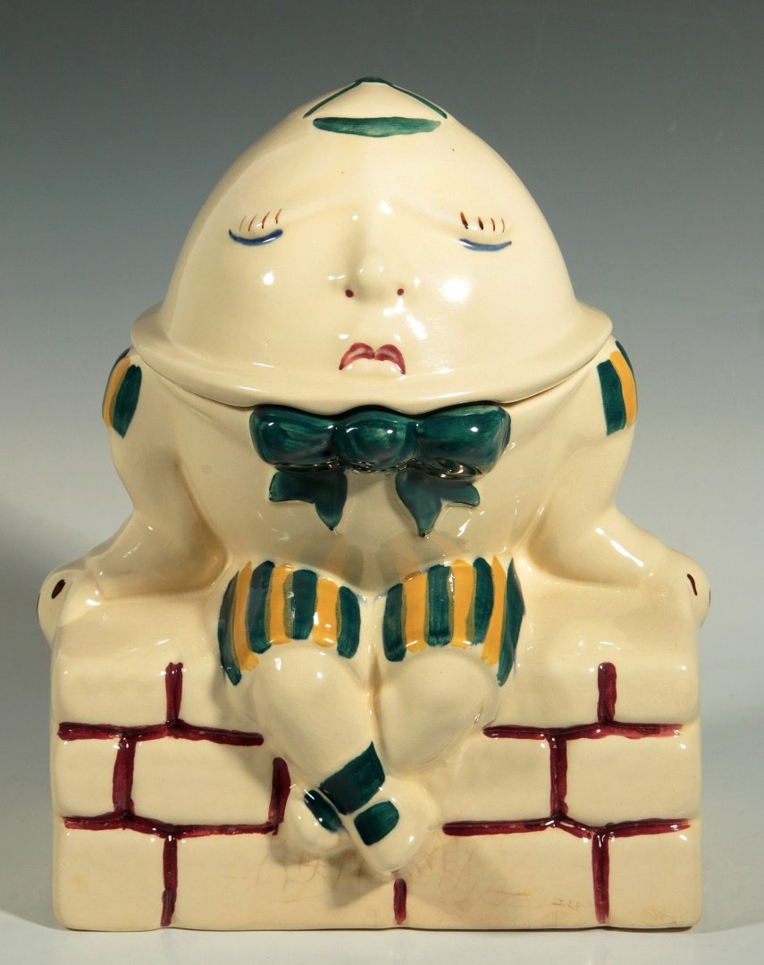 A PURINTON POTTERY HUMPTY DUMPTY COOKIE JAR: Unmarked, measures 10.5 x 8 x 5.5 inches.