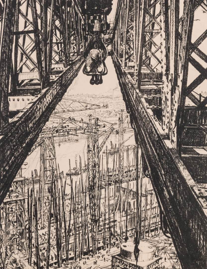 MUIRHEAD BONE (1876-1953) PENCIL SIGNED LITHOGRAPH: Titled 'A Ship Yard for a Big Crane (from Building Ships Series) set of 6' lower left, signed lower right, image size 18 x 14, deckled sheet measures 20 x 15, the frame is 26.5 x 20.5 inches. We ship