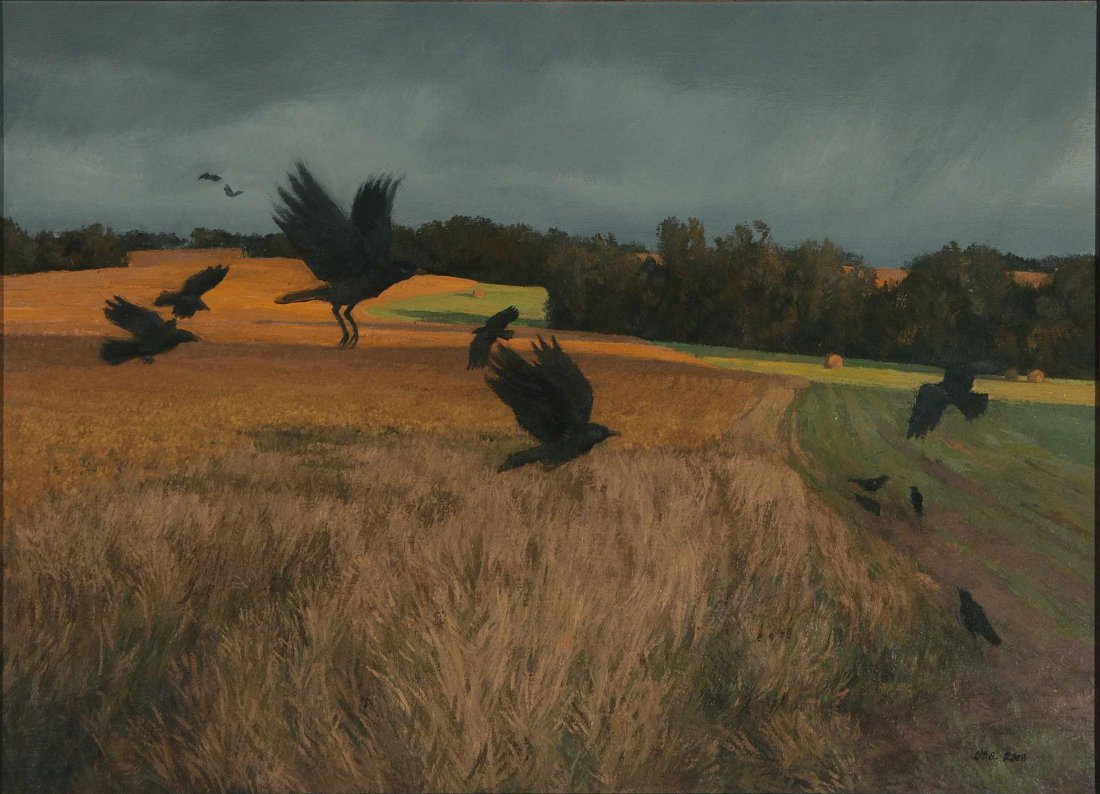 DOUG OSA (BORN 1952) OIL ON CANVAS: Titled 'Prelude to Fall' verso on the frame liner, signed lower right and dated 2008, noted "South of K-10, West of K-7 (South of the Sunflower Army Ammunition Plant)", canvas measures 16 x 22 and the