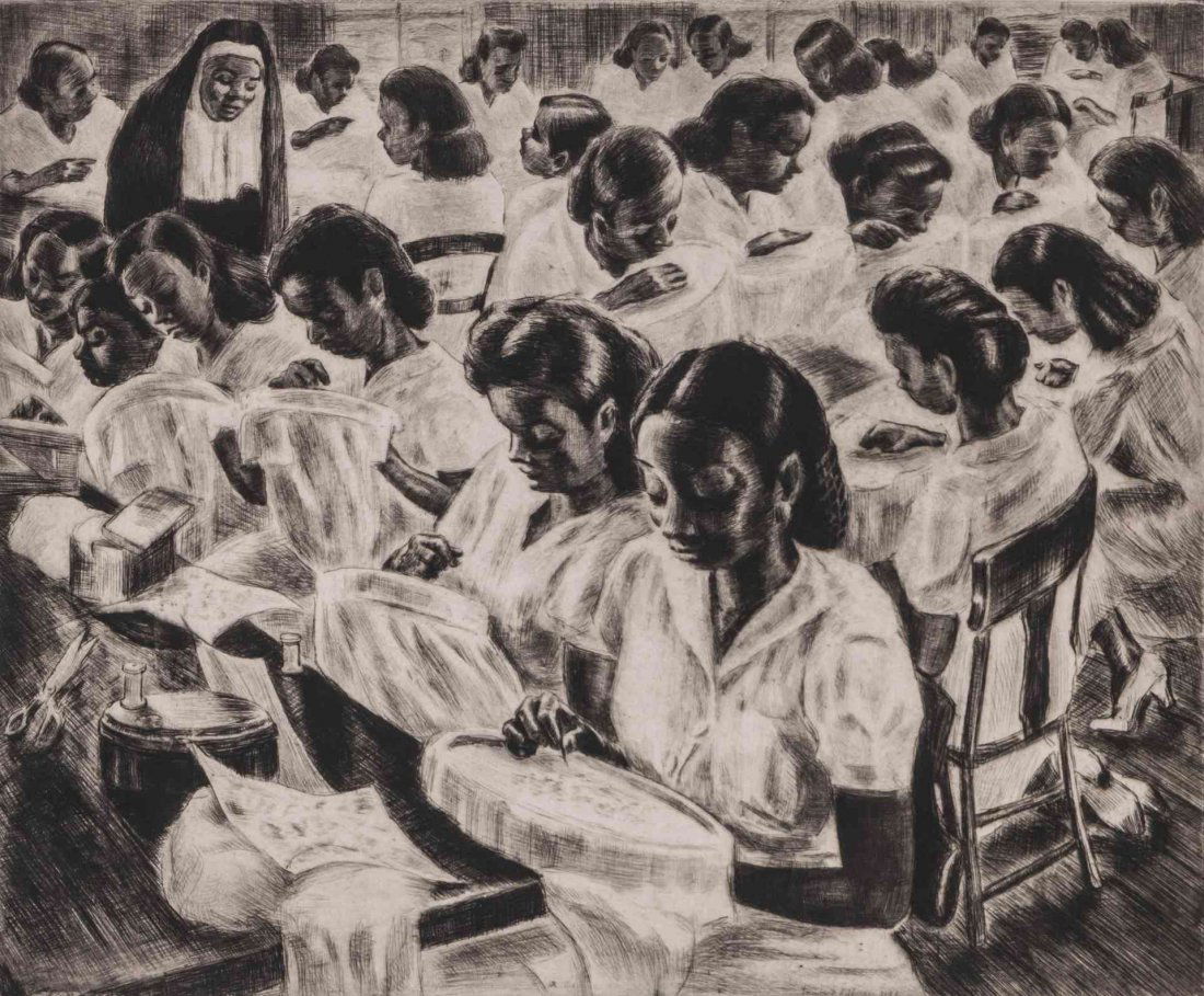 IRWIN D. HOFFMAN (1901-1989) PENCIL SIGNED LITHOGRAPH: Titled 'Lace Makers' lower left, signed lower right, original AAA label verso, image size 9.75 x 11.75, sheet measures 13 x 15, the frame is 17 x 19 inches. We ship in-house for all items with the exc