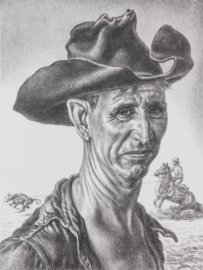 CHARLES BANKS WILSON (1918-2013) PENCIL SIGNED: Titled 'Smiling Cowboy' lower left, signed lower right and dated 1974, image size 12.25 x 9.25, deckled sheet measures 16.5 x 13, the frame is 19.5 x 16 inches. We ship in-house for all items with the