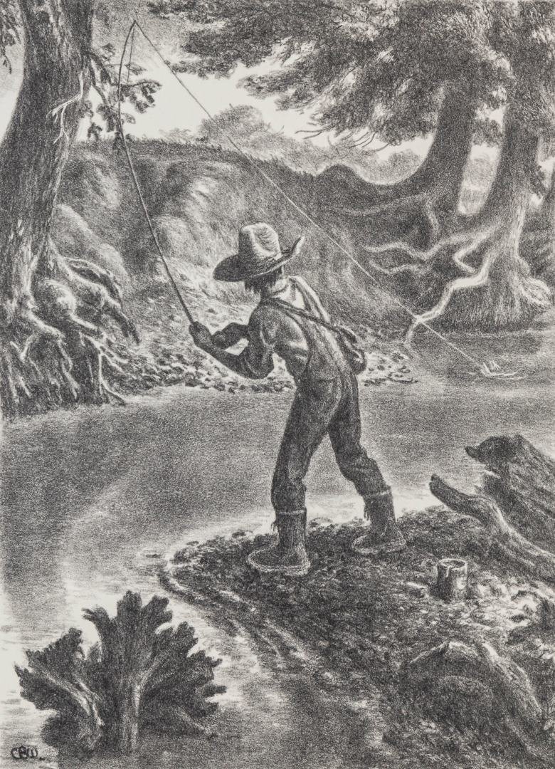 CHARLES BANKS WILSON (1918-2013) PENCIL SIGNED: Titled 'On the Creek' lower left, signed lower right and dated 1980, image size 10.25 x 7.25, deckled sheet measures 13 x 10, the frame is 18.5 x 14.5 inches. We ship in-house for all items with the e