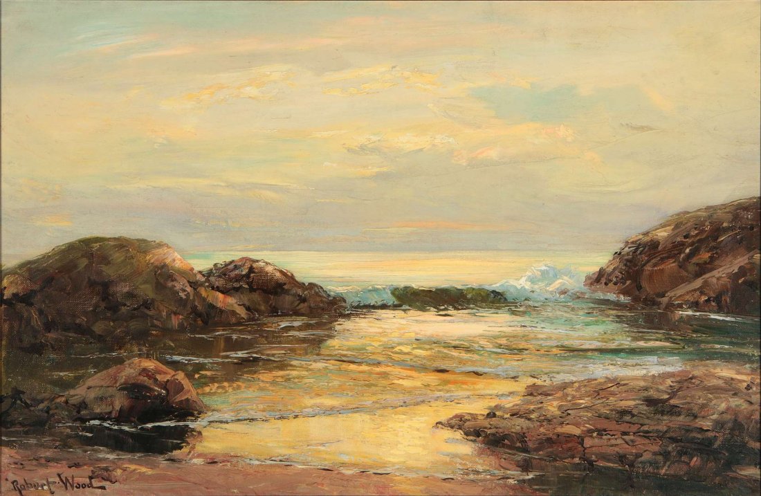 ROBERT WILLIAM WOOD (1889-1979) OIL ON CANVAS: Titled 'Radiance' verso on the canvas, signed lower left, canvas measures 16 x 24 and the frame is 19.5 x 27.5 inches. We ship in-house for all items with the exception of very large and or very fragi