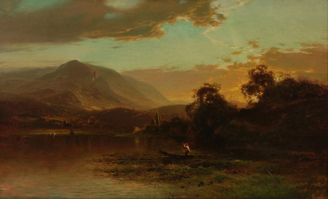 ARTHUR PARTON (1842-1914) HUDSON RIVER OIL CANVAS: A luminist Hudson River School oil on canvas landscape with fisherman poling through a marshy area at sunrise. Signed and dated 1882 lower right. Measures 28 x 42 inches. Provenance: acquired through