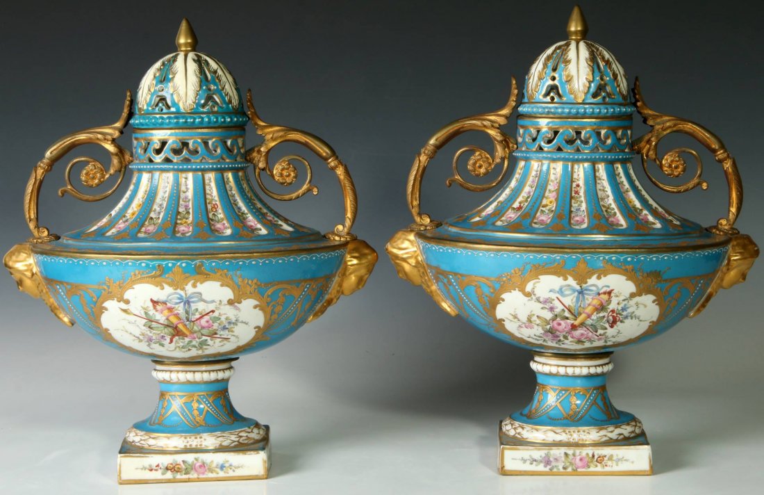A PAIR BLEU CELESTE SEVRES TYPE PORCELAIN POTPOURRI (1 of 10)