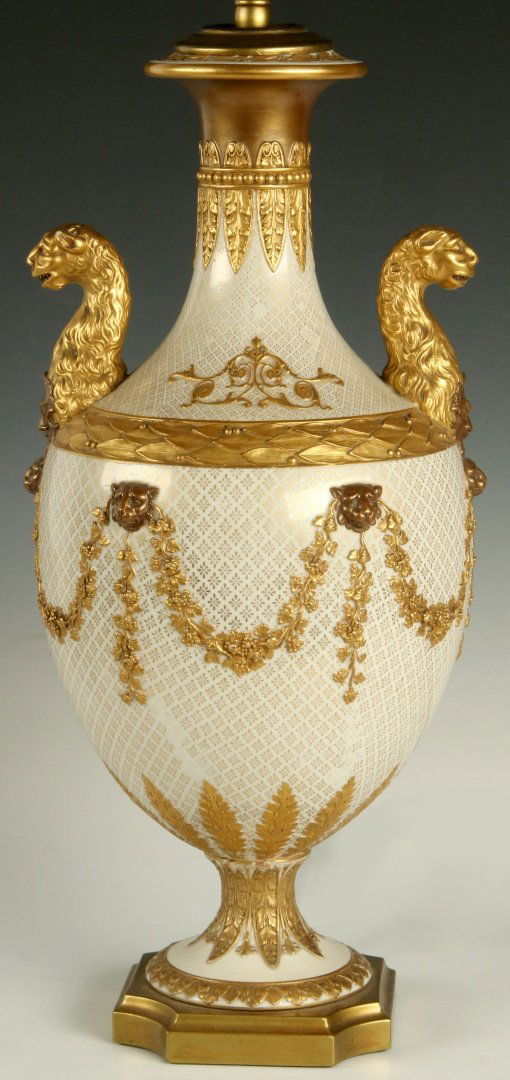 A CONTINENTAL PORCELAIN URN FASHIONED AS TABLE LAMP (1 of 9)