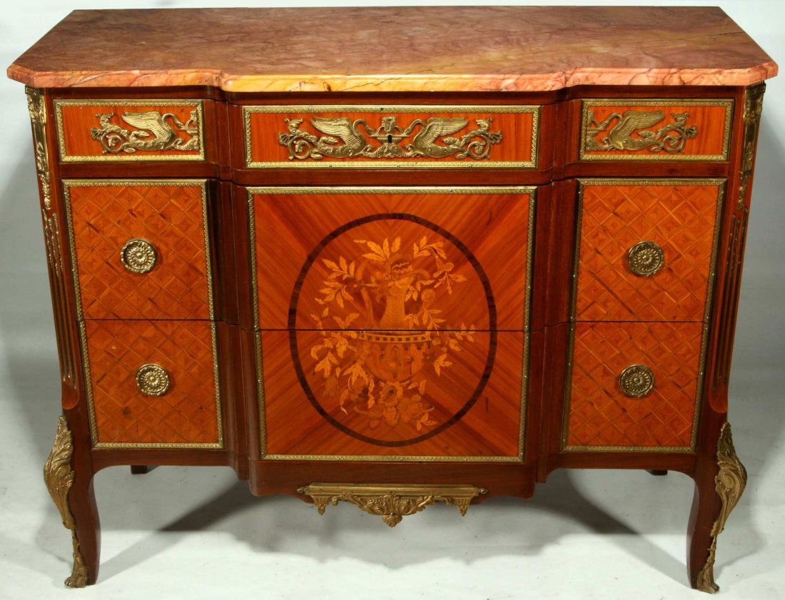 A 20TH C. LOUIS XVI STYLE MARBLE TOP SATINWOOD COMMODE (1 of 10)