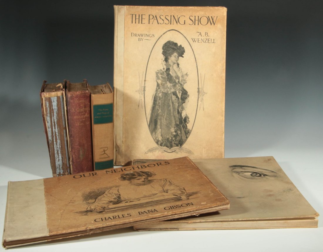 ESTATE ART BOOK LOT: DALI, BROWNING, WENZEL,GIBSON: Includes 'The Poems and Plays of Robert Browning,' NY, Modern Library, 1934, cloth, 8vo; 'Memoirs of A. Campbell,' vols. I & II, Philadelphia, J.B. Lippencott, 1870, both cloth, vol. I with missing sp