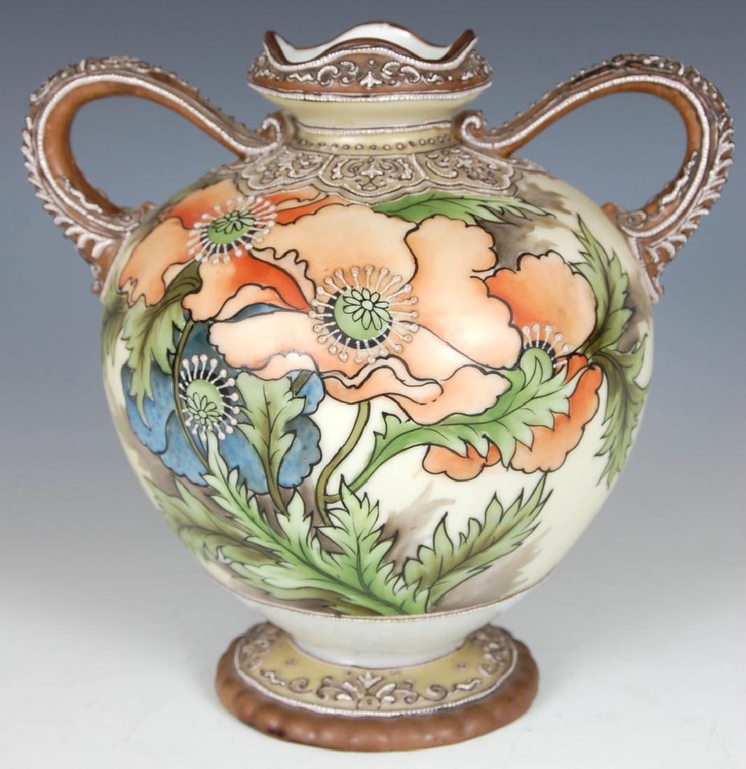 A PAINTED NIPPON VASE WITH HEAVY MORIAGE: Hand-painted flowers and heavy moriage beading, marked under the base, measures 7.5 x 7.5 inches. Two broken moriage stamens on one flower, no other chips, cracks or repairs.