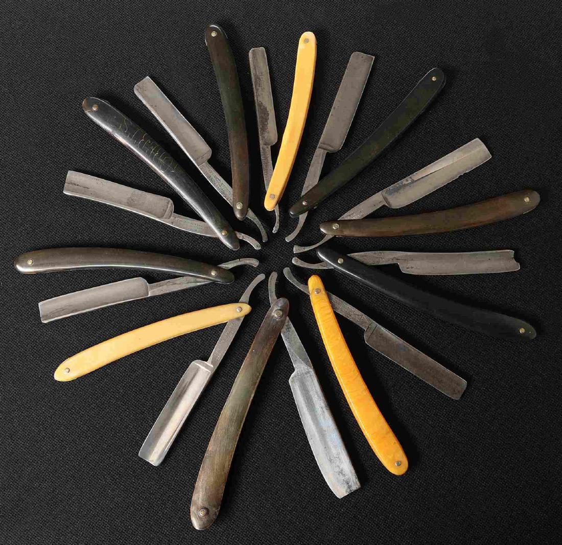 LOT OF TEN STRAIGHT RAZORS: Includes blades by J.A. Henckels, Schwartz, Wostenholm, Wade & Butcher, Bergstrom, etc. Variety of handles. Average 6 inches closed. Average - good condition, some with oxidation, please refer to imag