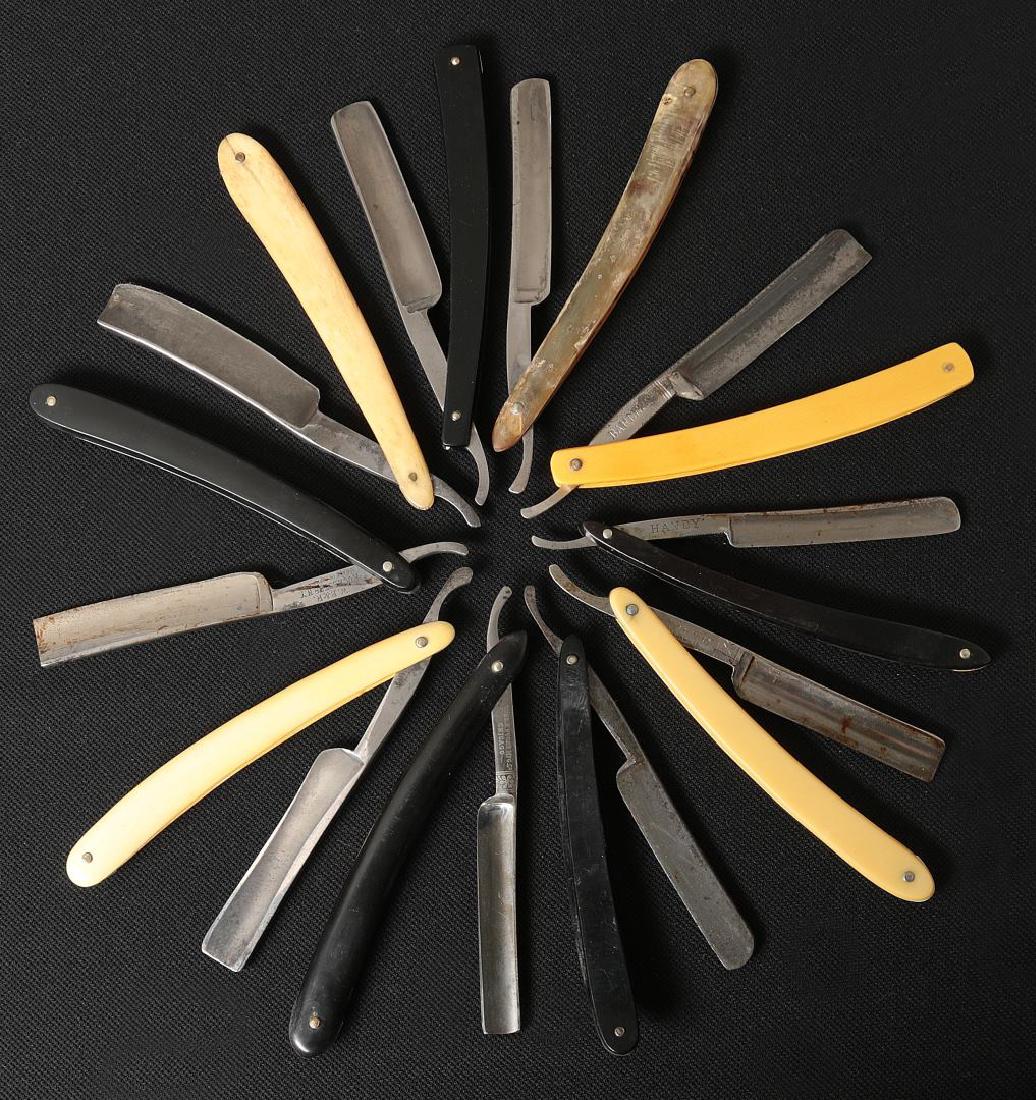 LOT OF TEN STRAIGHT RAZORS: Includes blades by Electric Cutlery, The Wheel, Haydn Randall, Ollinger, etc. Variety of handles.Average 6 inches closed. Average - good condition, some with oxidation, please refer to images.