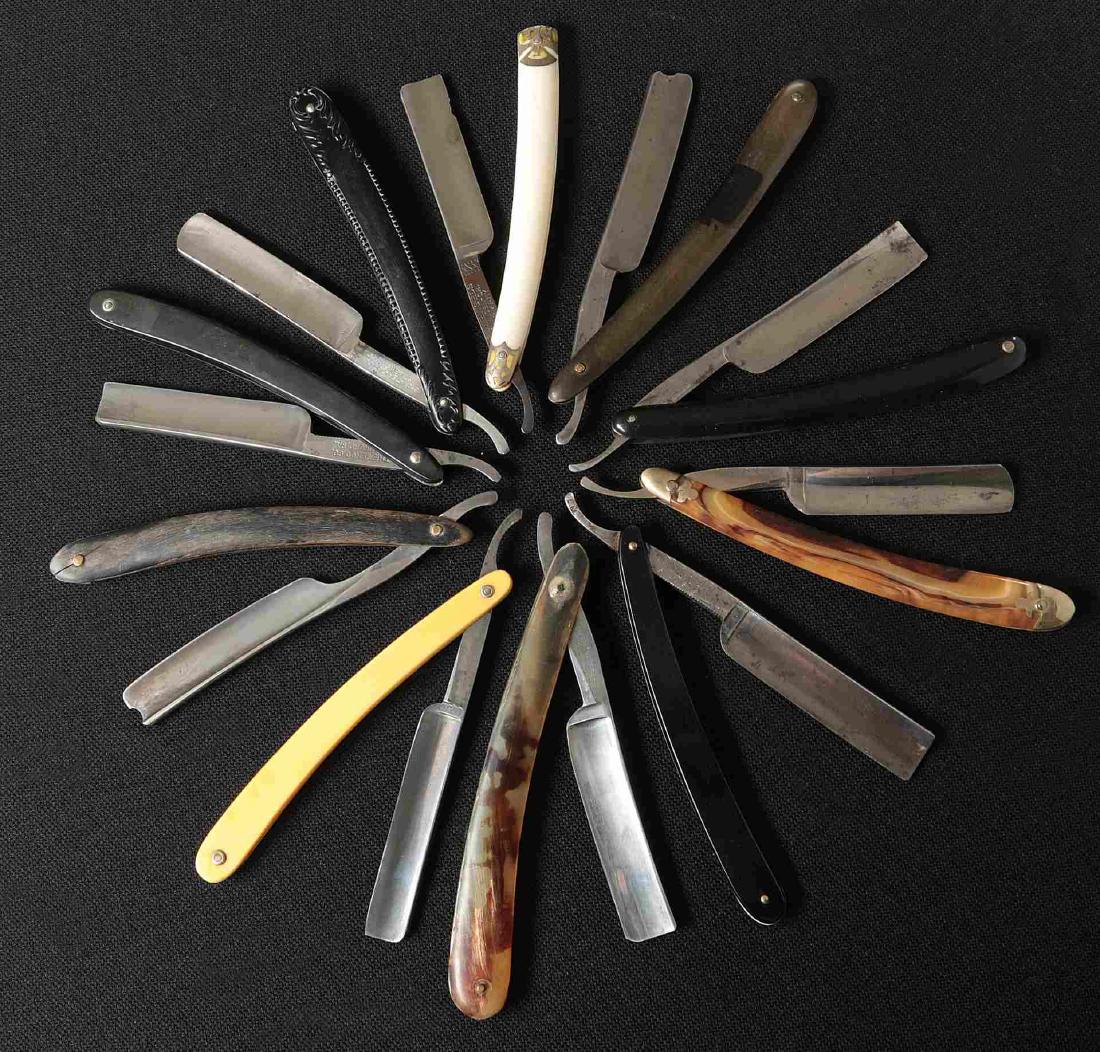 LOT OF TEN STRAIGHT RAZORS: Includes blades by F.W.E., Shumate, American Knife, Marsh Bros, etc. Variety of handles. Average 6 inches closed. Average - good condition, some with oxidation, please refer to images.