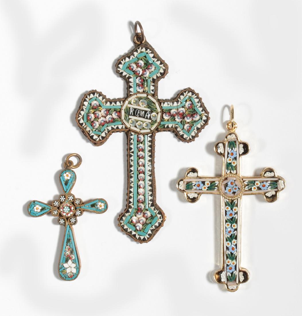 THREE ANTIQUE MICROMOSAIC CROSS PENDANTS (1 of 9)