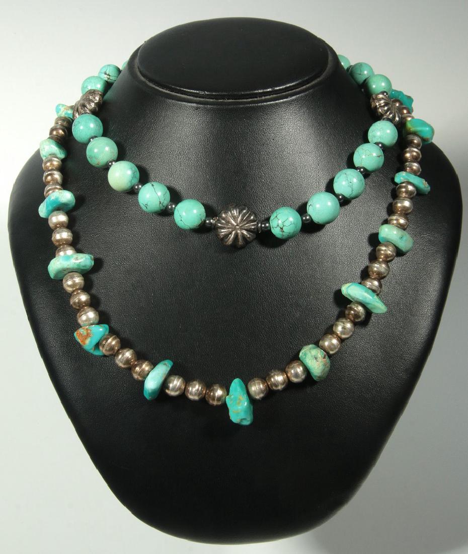 TWO TURQUOISE AND STERLING BEAD NECKLACES (1 of 8)