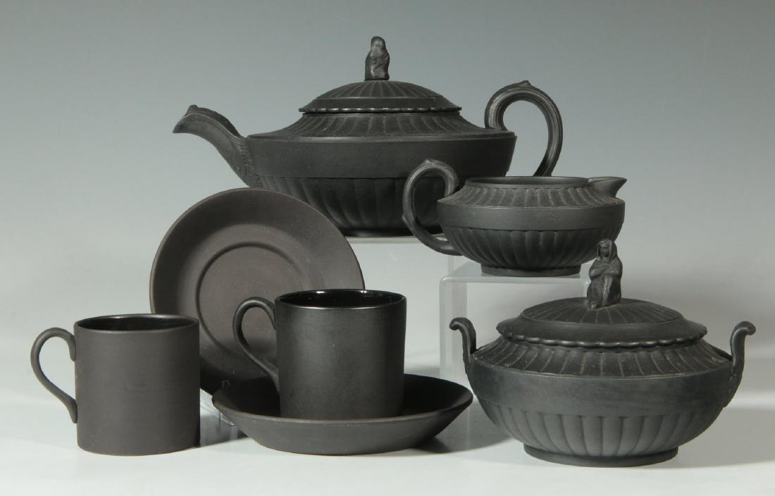 A WEDGWOOD BLACK BASALT SYBIL TEA SET