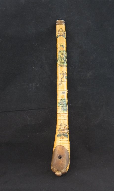 Chinese porcelain Opium Pipe: Chinese porcelain bamboo shape vertical Opium pipe painted with characters and flowers. Bronze mounted on the head 16 1/2" x 3" x 2" Condition report - good