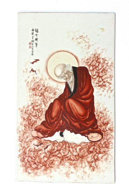 Chinese red flare Goddess Plaque: A porecelain plaque depicting a chinese goddess sitting on red flare clouds with flying bats ( bat pronounced as "fu" which means good luck in Chinese language ) - 21 3/4" H x 12 3/4" W