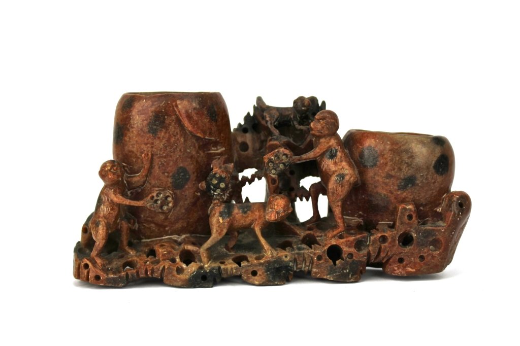 Chinese Red InkStone carved Monkey Group: Chinese Red InkStone carved Monkey Group Three monkeys playing on the mountain. 8 x 3 3/4 x 2"
