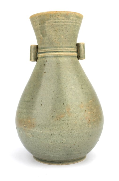 Chinese Song Dynasty Yue Yao Vase: A baluster form Yue Yao bottle with ring mark and two earrings attached on top - Dimension 8"H x 5"